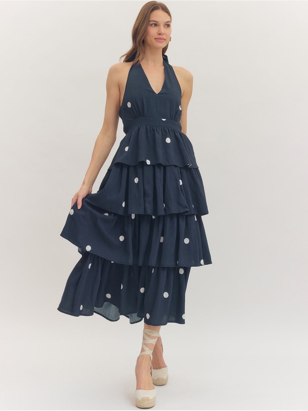 Entro Tiered Polka Dot Dress in Navy